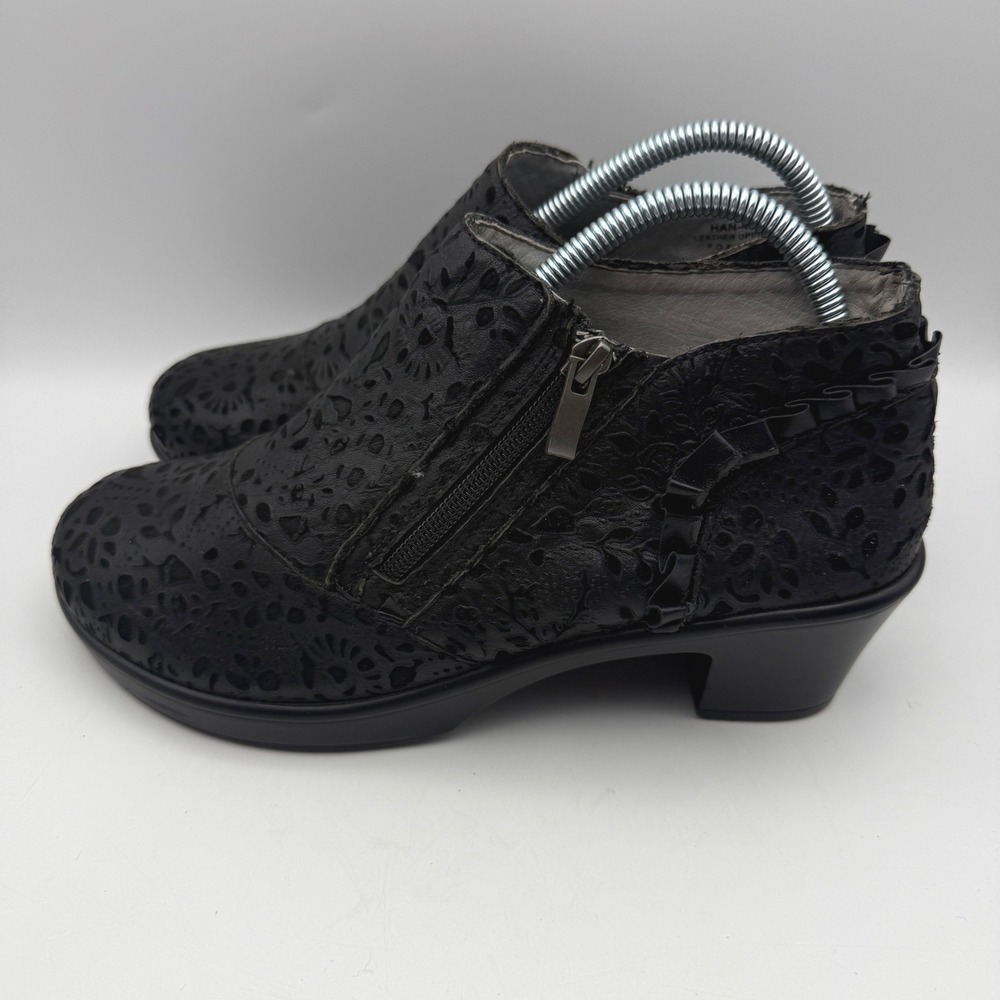 Alegria Hannah Ankle Boots Women 39 US 9 Black Leather Laser Cut Floral Ruffle